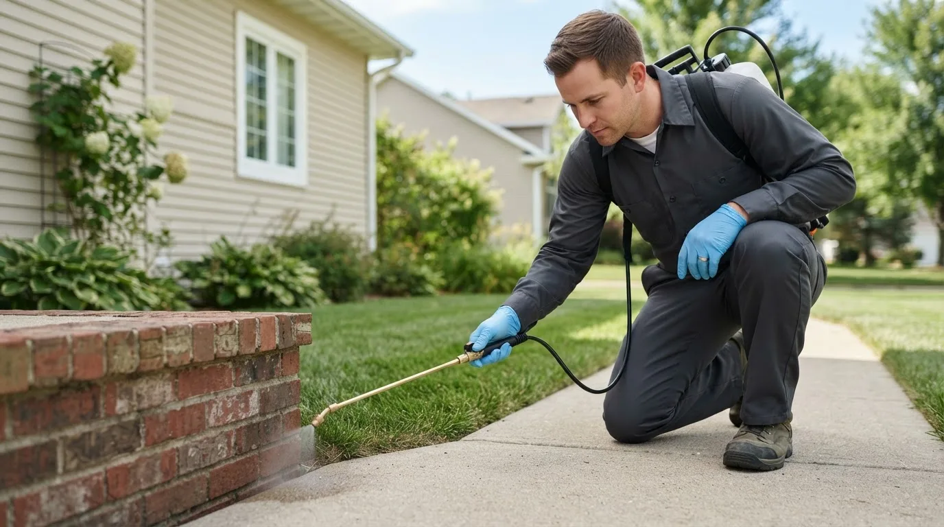 Pest control technician treating a home near Hatton, ND
